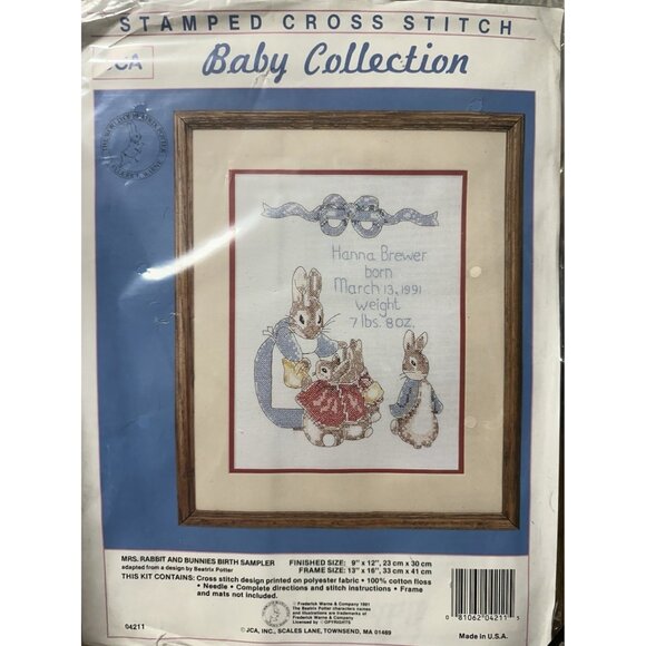 JCA Cross Stitch 04211 Kit Mrs. Rabbit and Bunnies Birth Sampler Beatrix Potter - Picture 1 of 6